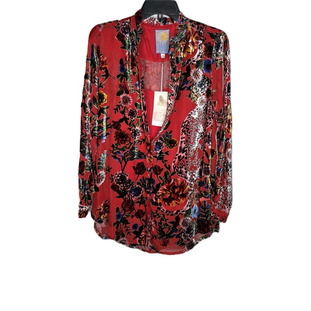 Johnny Was Womens XS Red 2 Piece Yoella Velvet Burnout Tunic Top Bobcat READ